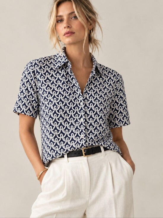 Boden Tops - BODEN Hazel Short Sleeve Linen Shirt In Navy Blue White Geo Terrace Print Size 6